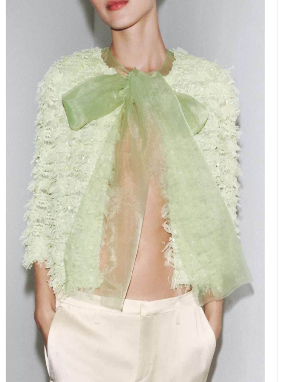 NWT Zara Fringe Organza Cardigan in Sage Green Size S